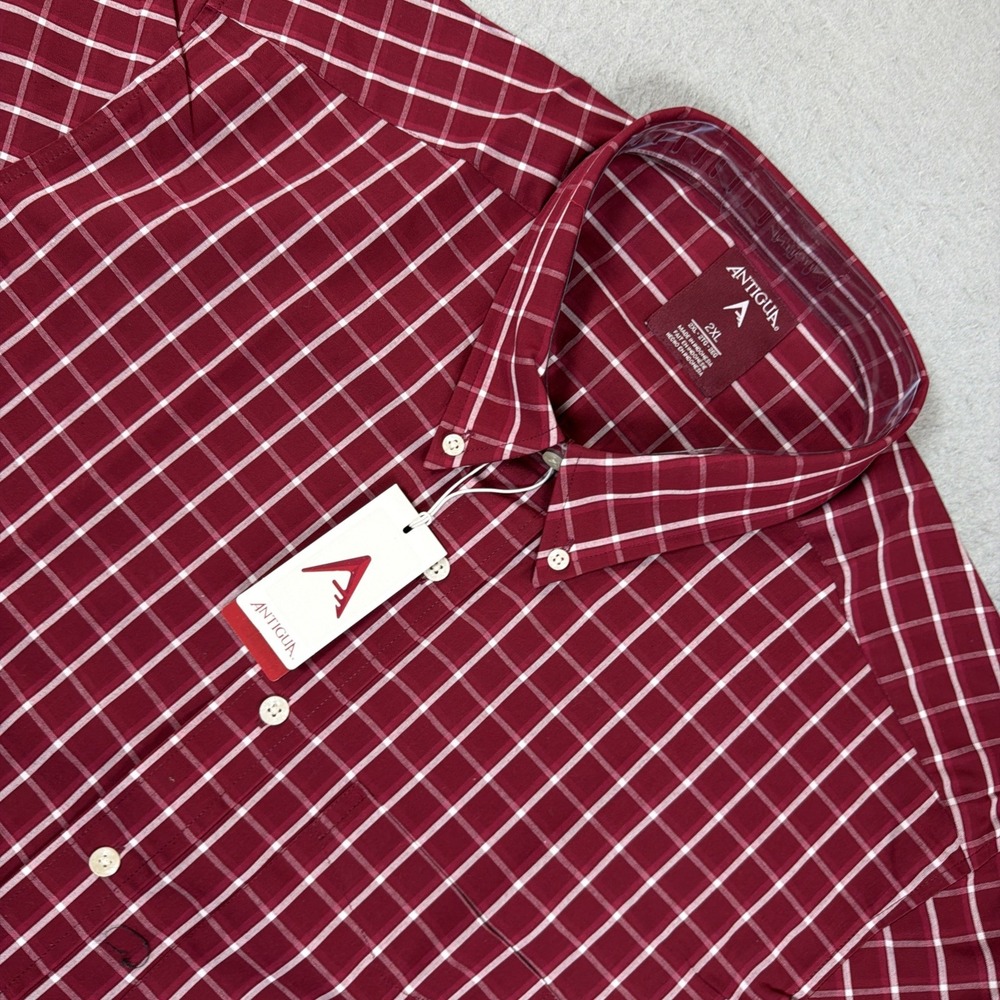 Antigua Men's 2XL Plaid Short Sleeve Button Up Shirt NWT Red/White Plaid Golf